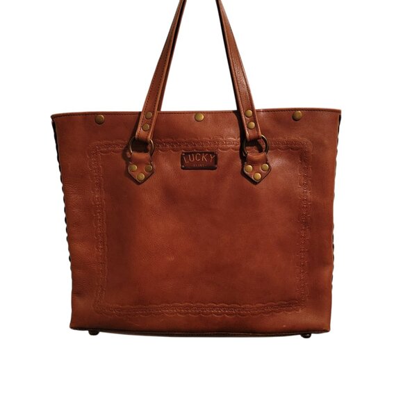 Lucky Brand Chase Oversized Brown Leather Tote w Denim Accents Interior - Picture 1 of 15